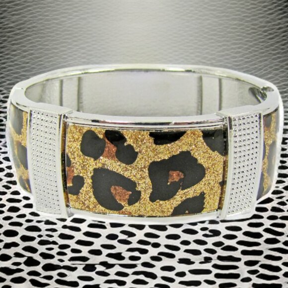 Animal Print Bangle Bracelet with Gold Sparkle an spring hinge opening 1" wide - Picture 4 of 4